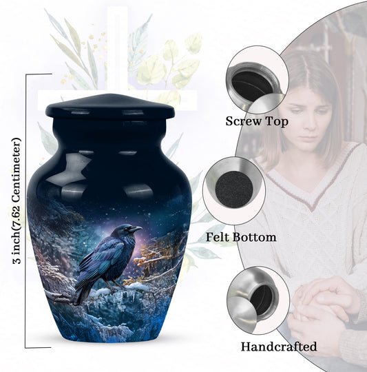 Misty Blue Crow Cremation Urn close-up of engraving and surface detail - timeless crow motif etched into premium metal - mini keepsake memorial for portion of cremation ashes