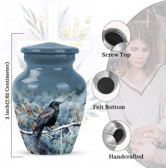 Calming Blue Crow Cremation Urn close-up of engraving and surface detail - elegant classic crow relief with fine detailing - mini keepsake memorial for portion of cremation ashes