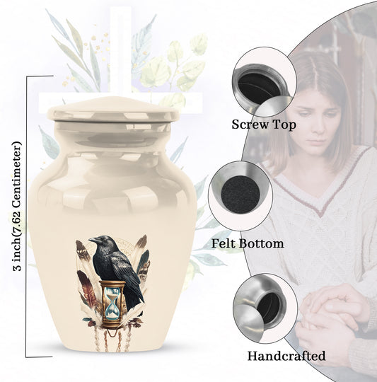 Pure White Crow Cremation Urn close-up of engraving and surface detail - classic sculpted crow pattern on smooth aluminum - mini keepsake memorial for portion of cremation ashes