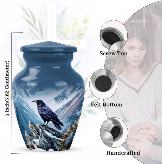 Slate Blue Crow Cremation Urn close-up of engraving and surface detail - timeless crow motif etched into premium metal - mini keepsake memorial for portion of cremation ashes