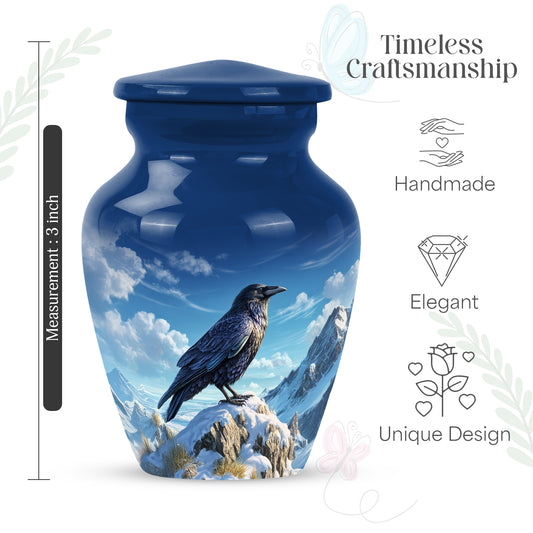 Royal Blue Crow Cremation Urn close-up of engraving and surface detail - elegant classic crow relief with fine detailing - mini keepsake memorial for portion of cremation ashes