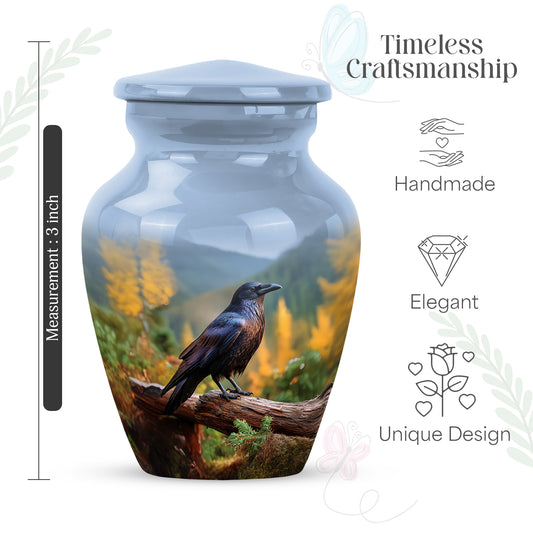Serene Blue Crow Cremation Urn close-up of engraving and surface detail - elegant classic crow relief with fine detailing - mini keepsake memorial for portion of cremation ashes