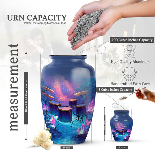 Vivid Blue Drums Cremation Urn close-up of engraving and surface detail - elegant classic drums relief with fine detailing - mini keepsake memorial for portion of cremation ashes