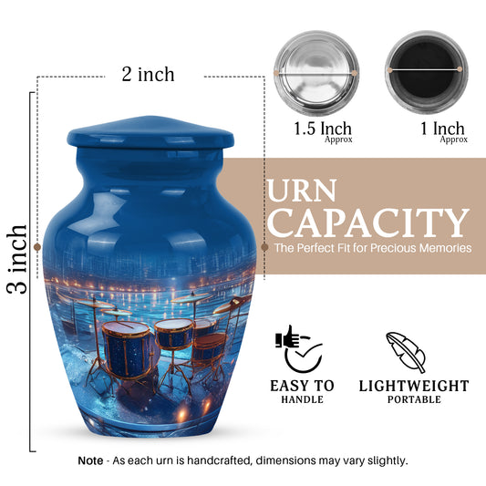 Cobalt Blue Drums Cremation Urn close-up of engraving and surface detail - traditional drums engraving with hand-polished finish - mini keepsake memorial for portion of cremation ashes