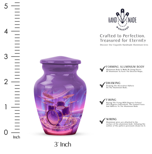 Twilight Purple Drums Cremation Urn close-up of engraving and surface detail - elegant classic drums relief with fine detailing - mini keepsake memorial for portion of cremation ashes