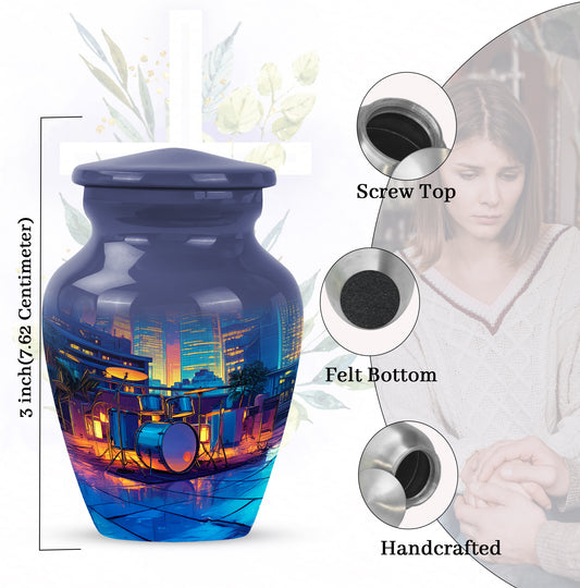 Celestial Blue Drums Cremation Urn close-up of engraving and surface detail - timeless drums motif etched into premium metal - mini keepsake memorial for portion of cremation ashes