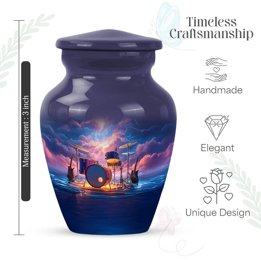 Soft Blue Drums Cremation Urn close-up of engraving and surface detail - traditional drums engraving with hand-polished finish - mini keepsake memorial for portion of cremation ashes