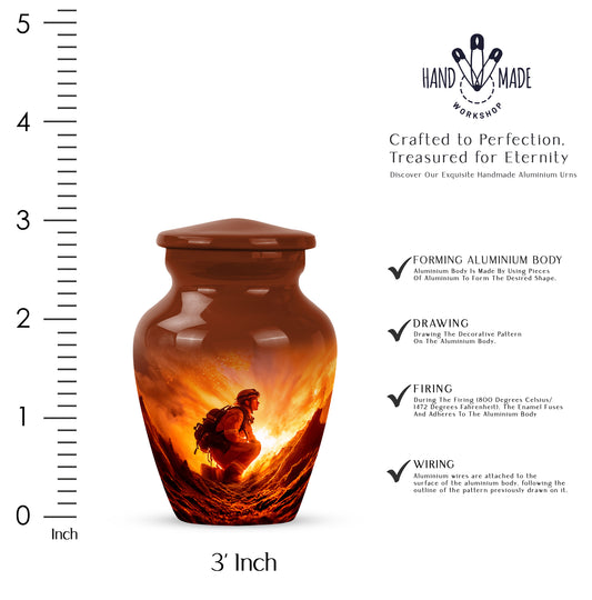Fiery Red Firefighter Cremation Urn close-up of engraving and surface detail - traditional firefighter engraving with hand-polished finish - mini keepsake memorial for portion of cremation ashes