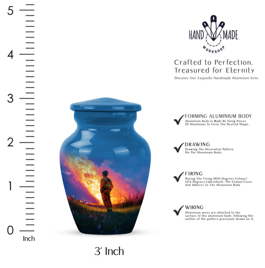 Soft Blue Firefighter Cremation Urn close-up of engraving and surface detail - elegant classic firefighter relief with fine detailing - mini keepsake memorial for portion of cremation ashes