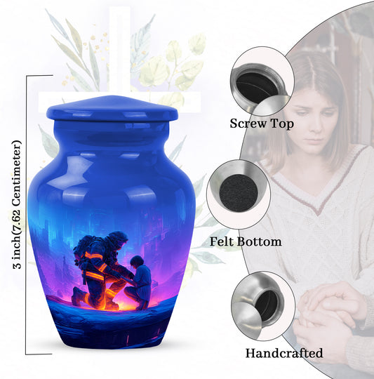 Serene Blue Firefighter Cremation Urn close-up of engraving and surface detail - traditional firefighter engraving with hand-polished finish - mini keepsake memorial for portion of cremation ashes