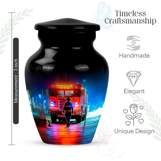 Onyx Black Firefighter Cremation Urn close-up of engraving and surface detail - elegant classic firefighter relief with fine detailing - mini keepsake memorial for portion of cremation ashes