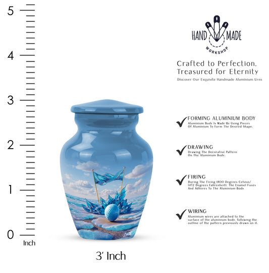 Azure Golf Cremation Urn close-up of engraving and surface detail - classic sculpted golf pattern on smooth aluminum - mini keepsake memorial for portion of cremation ashes