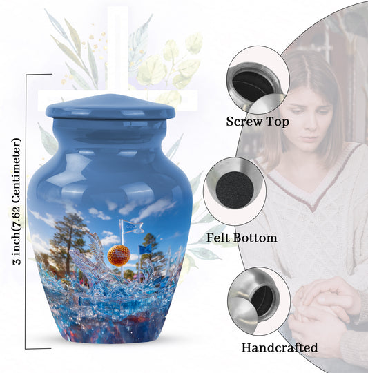 Cornflower Blue Golf Cremation Urn close-up of engraving and surface detail - traditional golf engraving with hand-polished finish - mini keepsake memorial for portion of cremation ashes