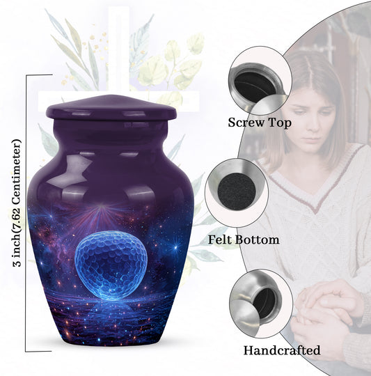 Deep Purple Golf Cremation Urn close-up of engraving and surface detail - classic sculpted golf pattern on smooth aluminum - mini keepsake memorial for portion of cremation ashes