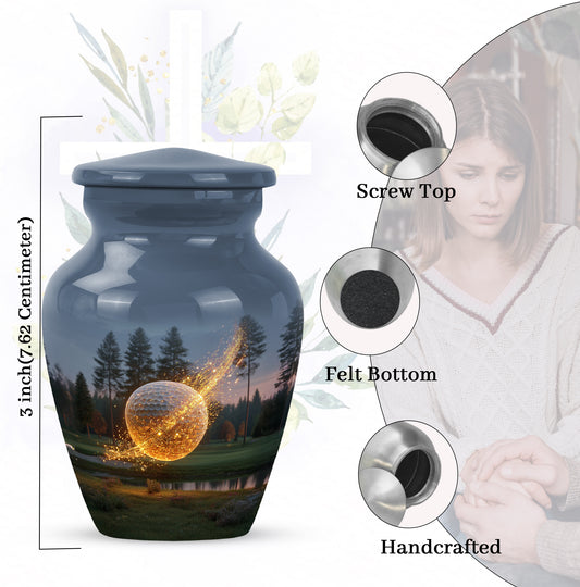 Indigo Golf Cremation Urn close-up of engraving and surface detail - timeless golf motif etched into premium metal - mini keepsake memorial for portion of cremation ashes