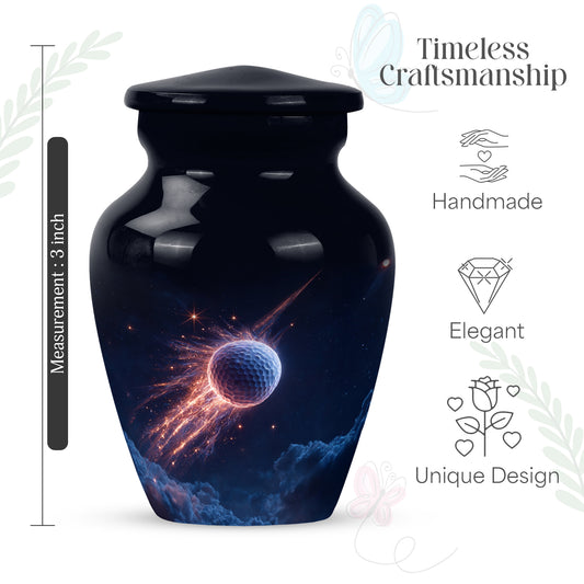 Azure Golf Cremation Urn close-up of engraving and surface detail - classic sculpted golf pattern on smooth aluminum - mini keepsake memorial for portion of cremation ashes