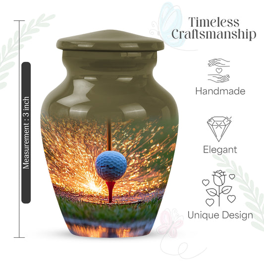 Matte Gold Golf Cremation Urn close-up of engraving and surface detail - elegant classic golf relief with fine detailing - mini keepsake memorial for portion of cremation ashes