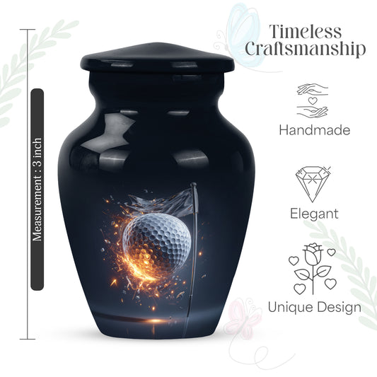 Misty Blue Golf Cremation Urn close-up of engraving and surface detail - classic sculpted golf pattern on smooth aluminum - mini keepsake memorial for portion of cremation ashes