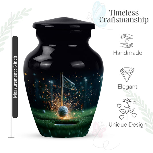 Dark Black Golf Cremation Urn close-up of engraving and surface detail - traditional golf engraving with hand-polished finish - mini keepsake memorial for portion of cremation ashes