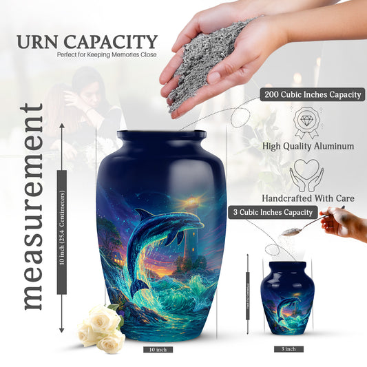 Serene Blue Dolphin Cremation Urn close-up of engraving and surface detail - elegant classic dolphin relief with fine detailing - mini keepsake memorial for portion of cremation ashes