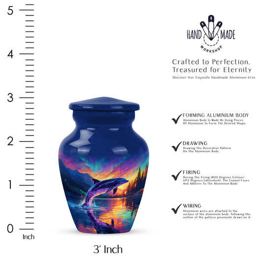 Cornflower Blue Dolphin Cremation Urn close-up of engraving and surface detail - traditional dolphin engraving with hand-polished finish - mini keepsake memorial for portion of cremation ashes