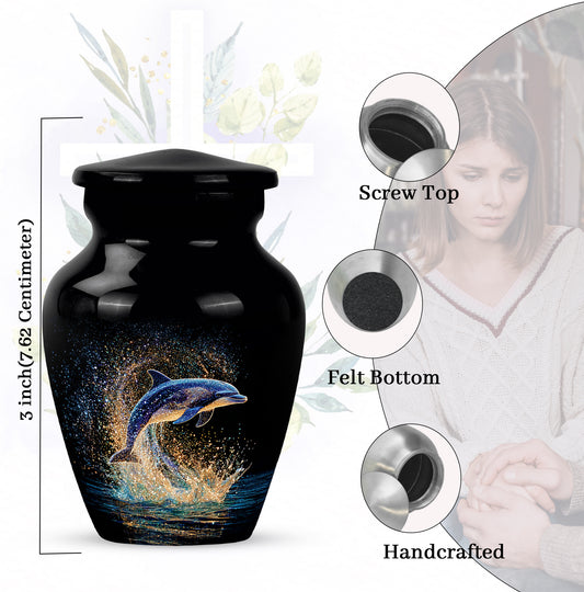 Dark Black Dolphin Cremation Urn close-up of engraving and surface detail - traditional dolphin engraving with hand-polished finish - mini keepsake memorial for portion of cremation ashes