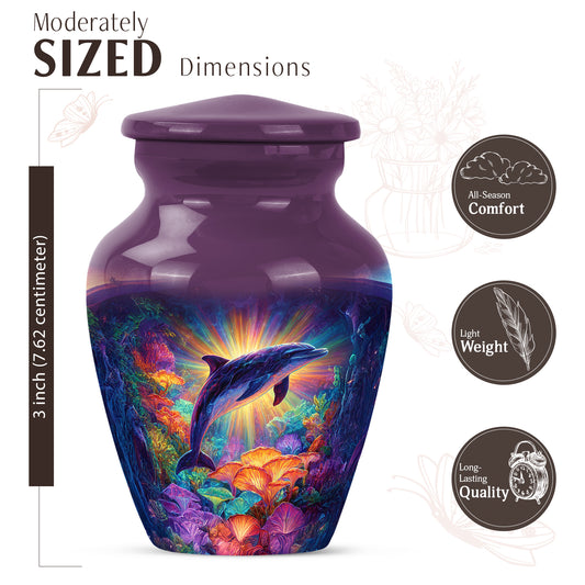 Coral Pink Dolphin Cremation Urn close-up of engraving and surface detail - timeless dolphin motif etched into premium metal - mini keepsake memorial for portion of cremation ashes