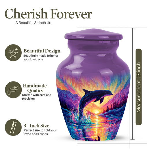 Deep Purple Dolphin Cremation Urn close-up of engraving and surface detail - timeless dolphin motif etched into premium metal - mini keepsake memorial for portion of cremation ashes