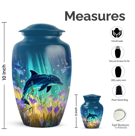 Powder Blue Dolphin Cremation Urn close-up of engraving and surface detail - classic sculpted dolphin pattern on smooth aluminum - mini keepsake memorial for portion of cremation ashes