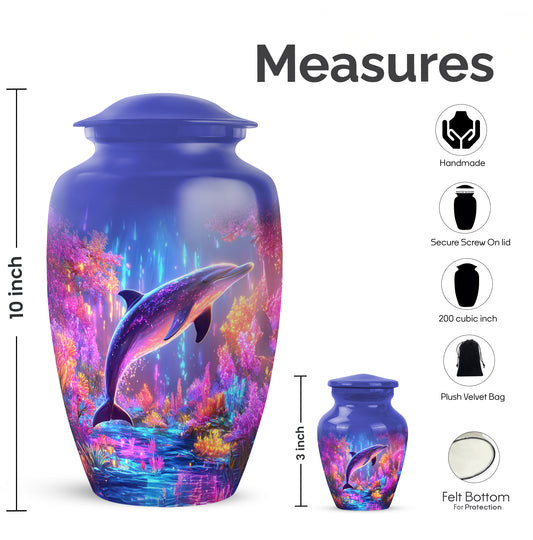 Bright Blue Dolphin Cremation Urn close-up of engraving and surface detail - traditional dolphin engraving with hand-polished finish - mini keepsake memorial for portion of cremation ashes