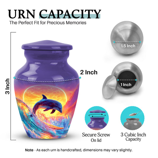 Serene Blue Dolphin Cremation Urn close-up of engraving and surface detail - traditional dolphin engraving with hand-polished finish - mini keepsake memorial for portion of cremation ashes