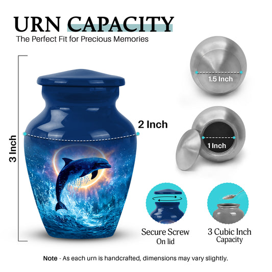 Steel Blue Dolphin Cremation Urn close-up of engraving and surface detail - traditional dolphin engraving with hand-polished finish - mini keepsake memorial for portion of cremation ashes