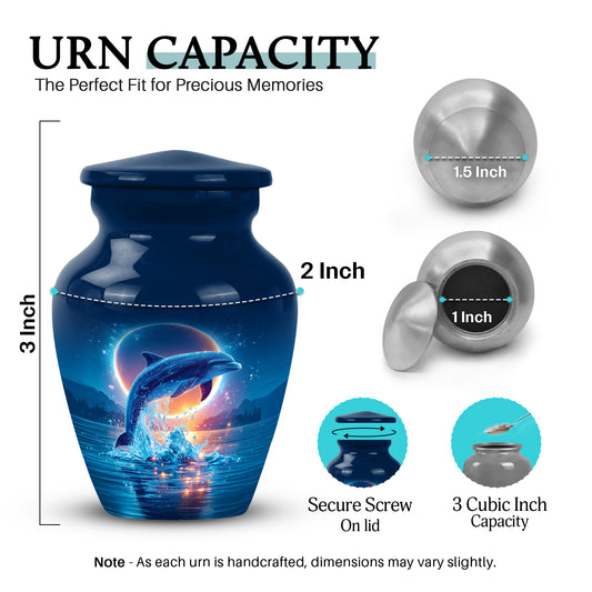 Cornflower Blue Dolphin Cremation Urn close-up of engraving and surface detail - elegant classic dolphin relief with fine detailing - mini keepsake memorial for portion of cremation ashes
