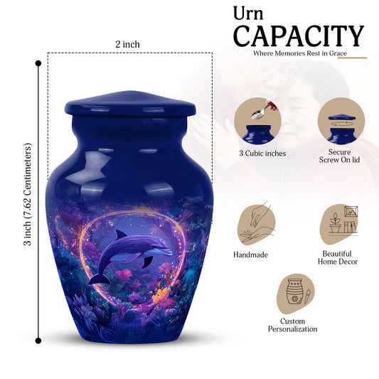 Calming Blue Dolphin Cremation Urn close-up of engraving and surface detail - traditional dolphin engraving with hand-polished finish - mini keepsake memorial for portion of cremation ashes