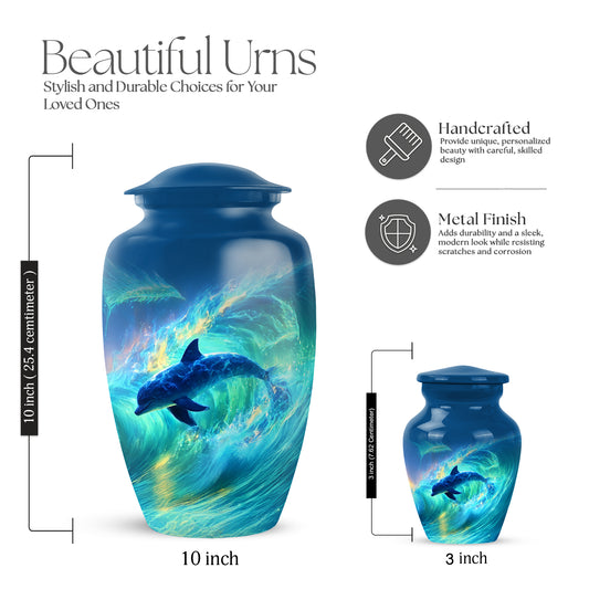 Serene Blue Dolphin Cremation Urn close-up of engraving and surface detail - elegant classic dolphin relief with fine detailing - mini keepsake memorial for portion of cremation ashes