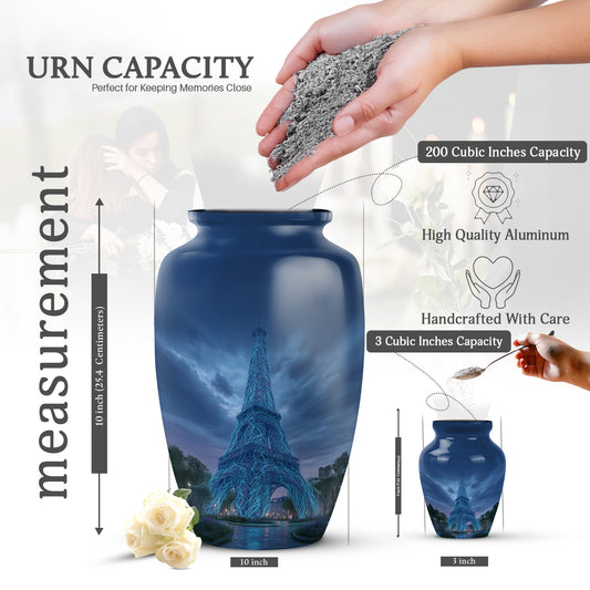 Royal Blue Eiffel Tower Cremation Urn close-up of engraving and surface detail - traditional eiffel tower engraving with hand-polished finish - mini keepsake memorial for portion of cremation ashes