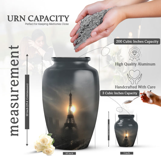 Rich Black Eiffel Tower Cremation Urn close-up of engraving and surface detail - timeless eiffel tower motif etched into premium metal - mini keepsake memorial for portion of cremation ashes