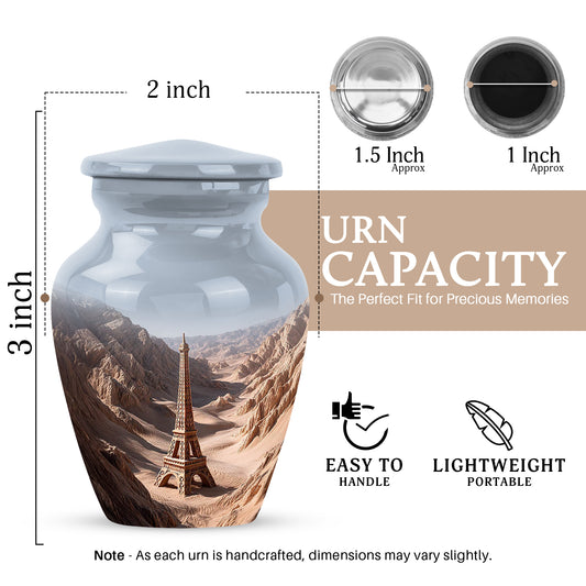 Platinum Silver Eiffel Tower Cremation Urn close-up of engraving and surface detail - classic sculpted eiffel tower pattern on smooth aluminum - mini keepsake memorial for portion of cremation ashes