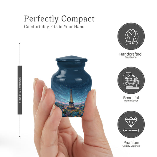 Slate Blue Eiffel Tower Cremation Urn close-up of engraving and surface detail - timeless eiffel tower motif etched into premium metal - mini keepsake memorial for portion of cremation ashes