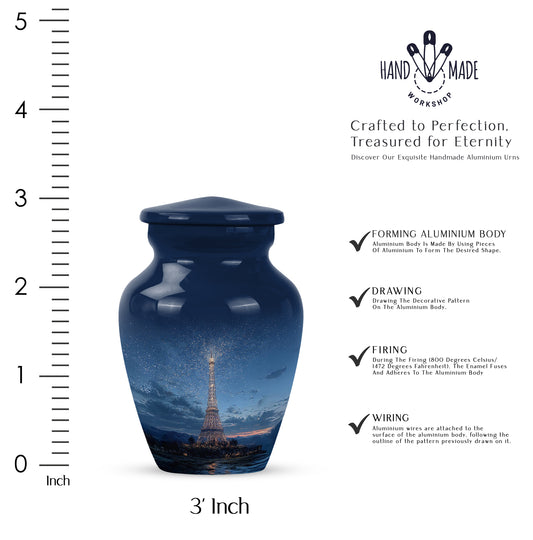 Celestial Blue Eiffel Tower Cremation Urn close-up of engraving and surface detail - classic sculpted eiffel tower pattern on smooth aluminum - mini keepsake memorial for portion of cremation ashes