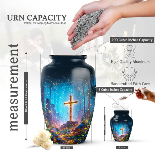 Indigo Cross Cremation Urn close-up of engraving and surface detail - classic sculpted cross pattern on smooth aluminum - mini keepsake memorial for portion of cremation ashes