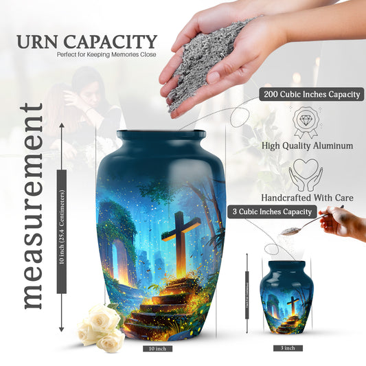Cobalt Blue Cross Cremation Urn close-up of engraving and surface detail - traditional cross engraving with hand-polished finish - mini keepsake memorial for portion of cremation ashes