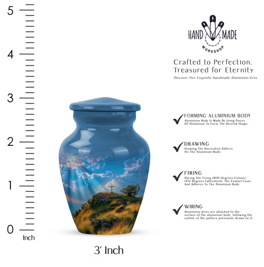 Misty Blue Cross Cremation Urn close-up of engraving and surface detail - classic sculpted cross pattern on smooth aluminum - mini keepsake memorial for portion of cremation ashes