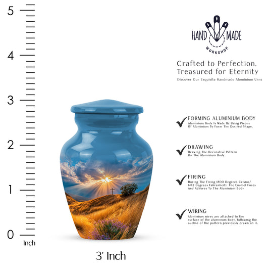 Powder Blue Cross Cremation Urn close-up of engraving and surface detail - timeless cross motif etched into premium metal - mini keepsake memorial for portion of cremation ashes