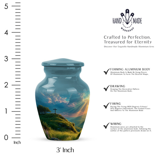 Aqua Teal Cross Cremation Urn close-up of engraving and surface detail - elegant classic cross relief with fine detailing - mini keepsake memorial for portion of cremation ashes