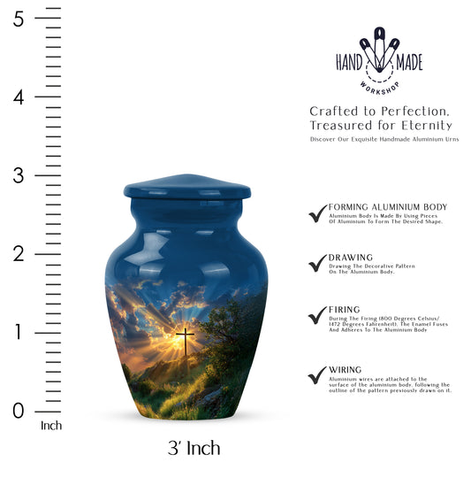 Steel Blue Cross Cremation Urn close-up of engraving and surface detail - traditional cross engraving with hand-polished finish - mini keepsake memorial for portion of cremation ashes