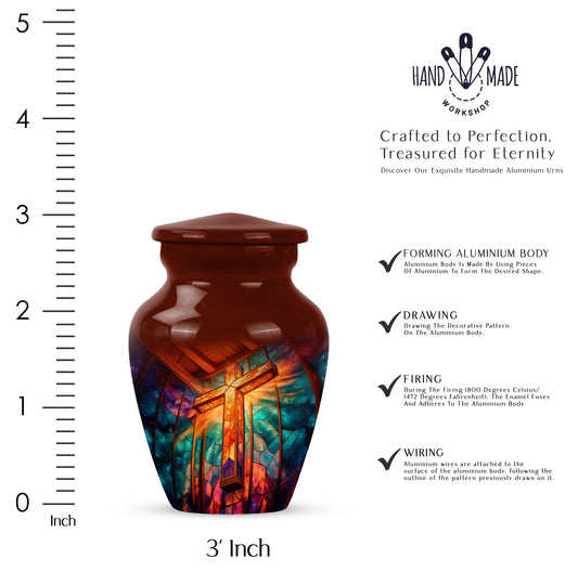 Rich Red Cross Cremation Urn close-up of engraving and surface detail - traditional cross engraving with hand-polished finish - mini keepsake memorial for portion of cremation ashes