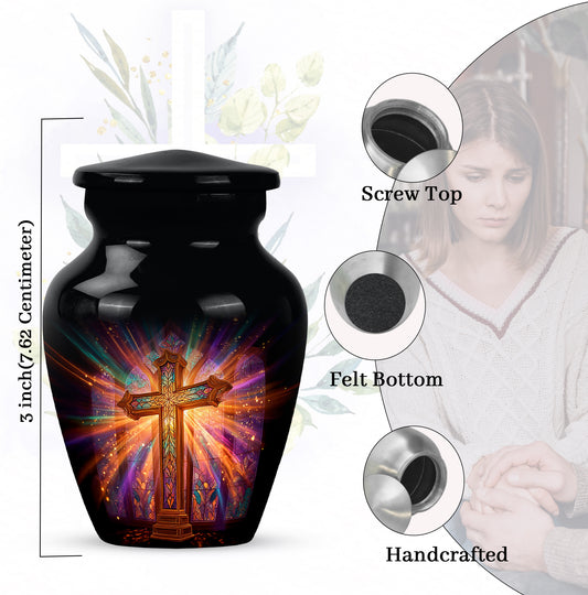 Jet Black Cross Cremation Urn close-up of engraving and surface detail - timeless cross motif etched into premium metal - mini keepsake memorial for portion of cremation ashes