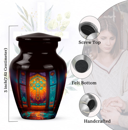 Jet Black Cross Cremation Urn close-up of engraving and surface detail - timeless cross motif etched into premium metal - mini keepsake memorial for portion of cremation ashes