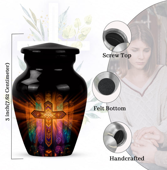 Glossy Black Cross Cremation Urn close-up of engraving and surface detail - classic sculpted cross pattern on smooth aluminum - mini keepsake memorial for portion of cremation ashes
